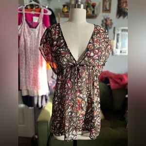Y2K B. Wear Brown + red sheer blouse
